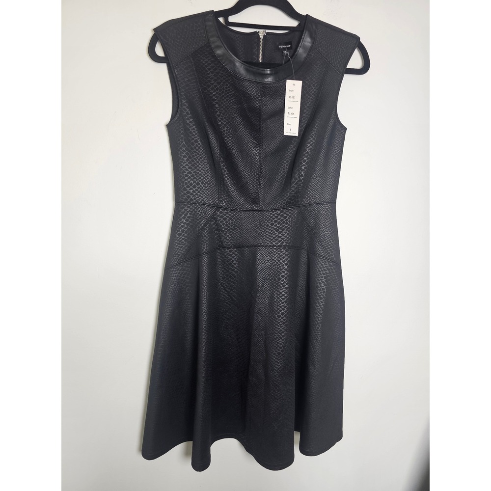 Edgy Spense Snakeskin Embossed Fit & Flare Dress Women 4 Black Faux Leather Trim